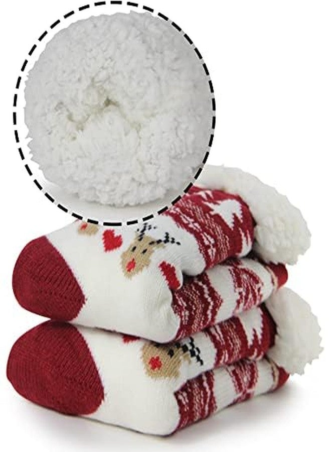 BenSorts Womens Christmas Slipper Socks with grippers Winter Warm House Indoor Fleece Lining Fuzzy Soft Sherpa House Cozy Socks Holiday Gift Christmas Red Red 2 Pairs - Image 2